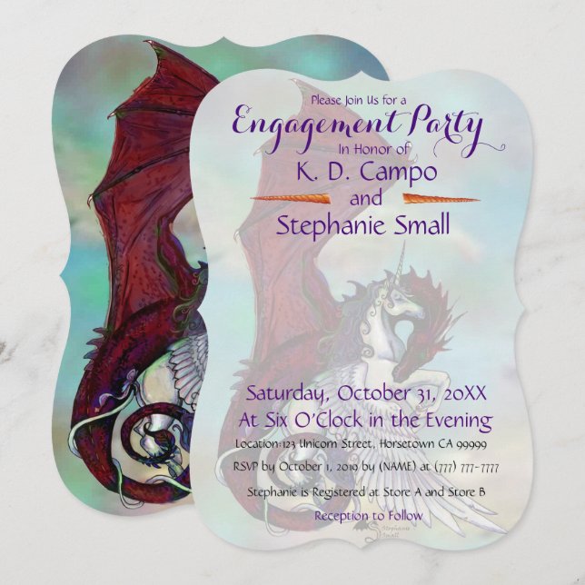 Unicorn Engagement Party Invitation Dragon Red (Front/Back)