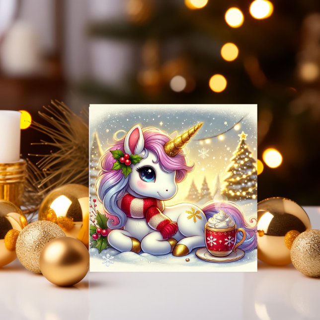 Unicorn Enjoying Hot Cocoa in the Snow Holiday Card (Creator Uploaded)