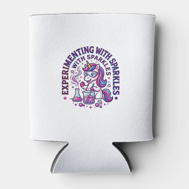 Unicorn Experimenting with Sparkles Commercial Cut Can Cooler (Front)