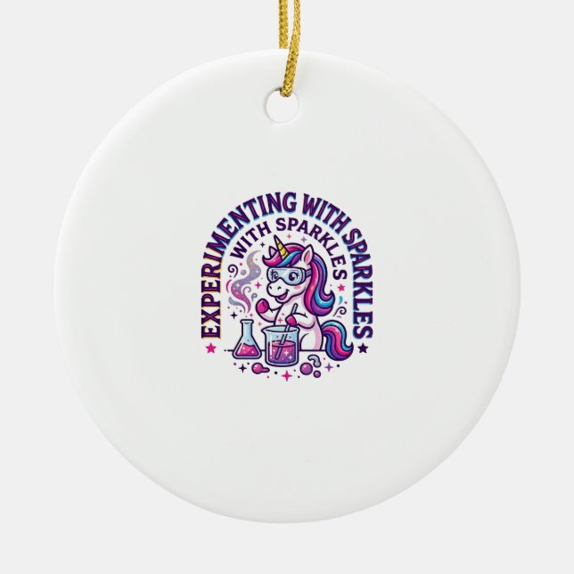 Unicorn Experimenting with Sparkles Commercial Cut Ceramic Tree Decoration (Front)