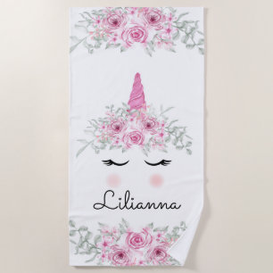 Unicorn Face and Flowers Beach Towel