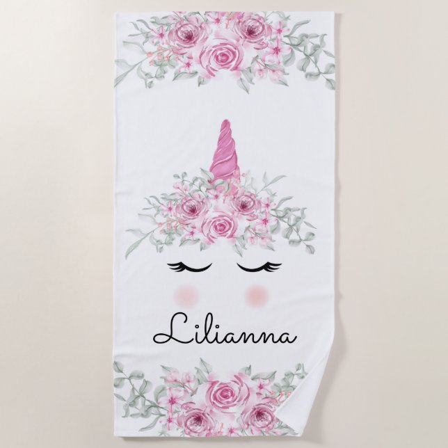 Unicorn Face and Flowers  Beach Towel (Front)