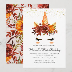 Unicorn Face Autumn Floral Birthday Invitation