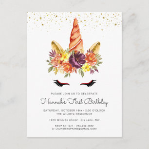 Unicorn Face Autumn Floral Birthday Invitation Postcard