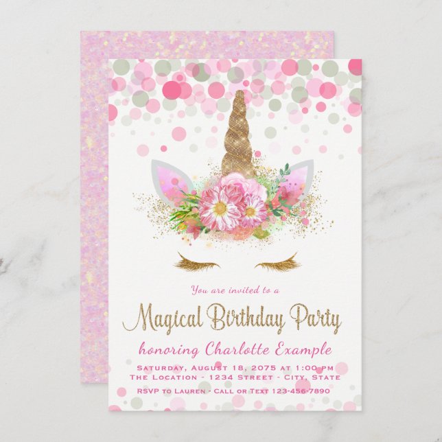 Unicorn Face Birthday Party Invitations (Front/Back)