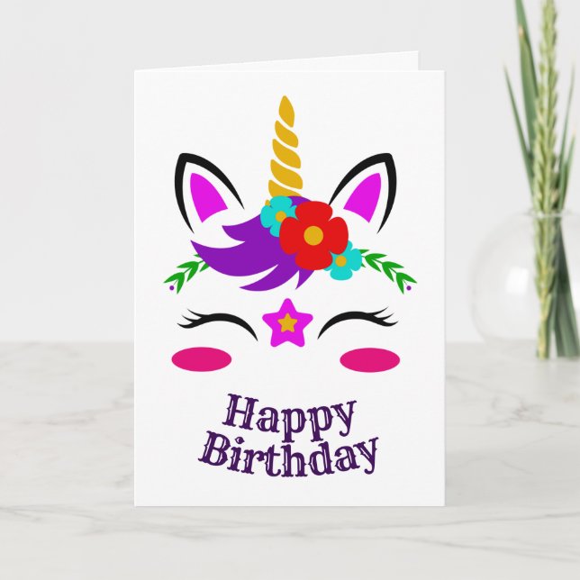 Unicorn Face Birthday, Red and Blue Floral, ZKOA Card (Front)