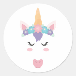 Unicorn Face Eyelashes Cute Flowers Wreath Funny Classic Round Sticker
