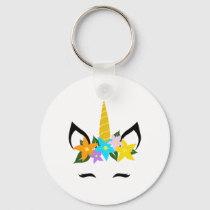 Unicorn Face Eyelashes Smile Cute Flower Wreath Ha Key Ring