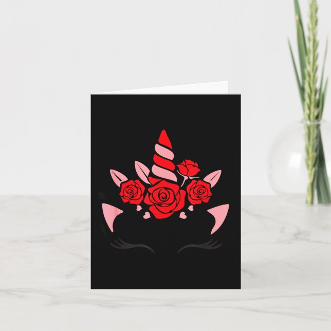 Unicorn Face Eyelashes Smile Flowers St. Valentine Card (Front)