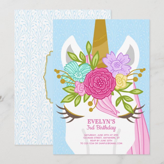 Unicorn Face Floral Birthday Invitation (Front/Back)