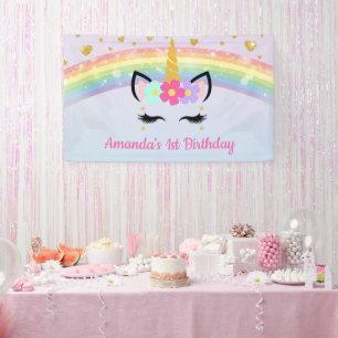 Unicorn Face Floral Crown Birthday Party Banner