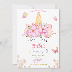 Unicorn Face Floral Watercolor  Birthday Party Invitation