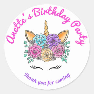 Unicorn Face Flowers   Birthday Thank You Classic Round Sticker