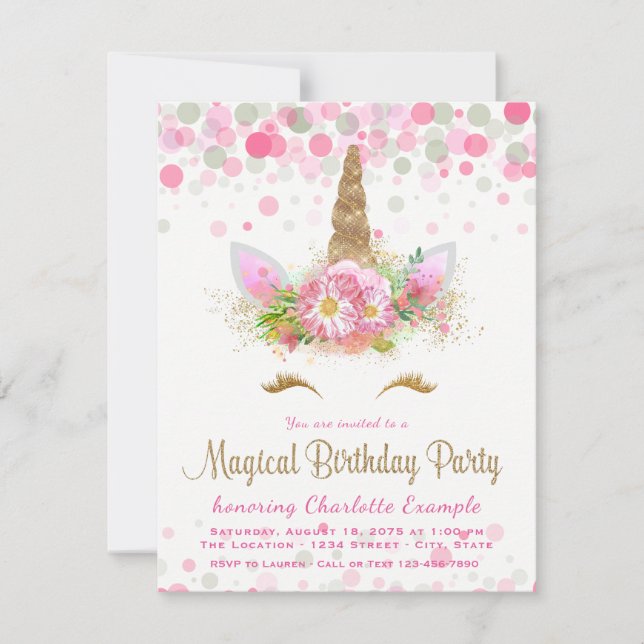 Unicorn Face Girl Birthday Party Invitations (Front)