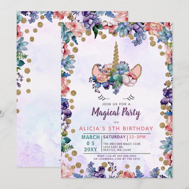 Unicorn Face Glitter Floral Birthday Invitation (Front/Back)