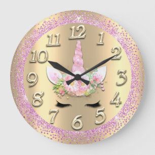 Unicorn Face Gold Crystal Girly Glitter Spark Pink Large Clock