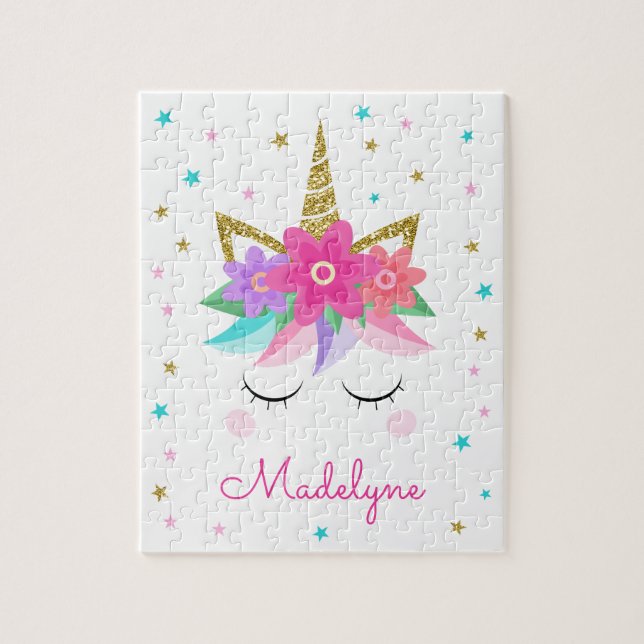 Unicorn Face Gold Glitter Stars Personalised Name Jigsaw Puzzle (Vertical)
