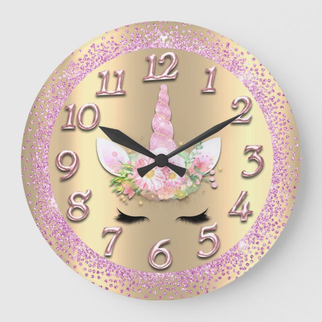 Unicorn Face Gold Numbers Girly Glitter Spark Pink Large Clock (Front)