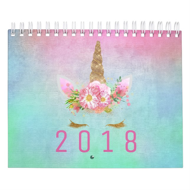 Unicorn Face Horn Glitter Pink Rose Aqua Watercolo Calendar (Cover)