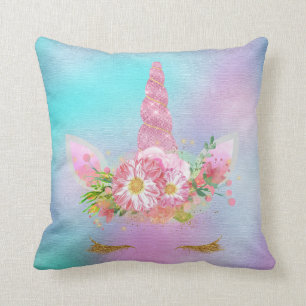 Unicorn Face Horn Lashes Pink Flowers Gold Aqua Cushion