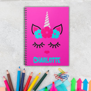  Unicorn Face Pink and Aqua  Custom Name Notebook