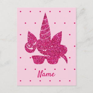 Unicorn Face Pink Glitter Girly Kids Postcard