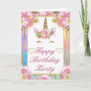 Unicorn Face Pink Gold Birthday Card