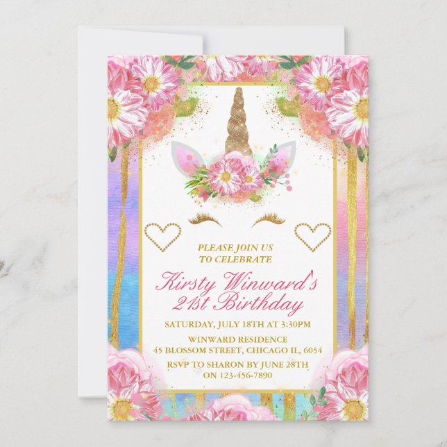 Unicorn Face Pink Gold Birthday Party Invitation (Front)