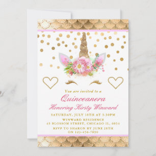 Unicorn Face Pink Gold Confetti Quinceanera Invitation