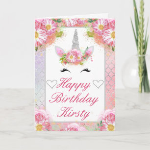 Unicorn Face Pink Silver Birthday Card