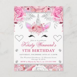 Unicorn Face Pink Silver Girl Kids Birthday Postcard