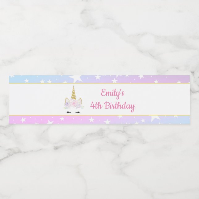 Unicorn face stars girl birthday bottle label (Single Label)