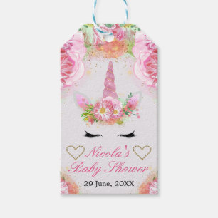 Unicorn Face & Watercolor Pink Flowers Baby Shower Gift Tags