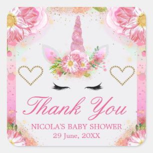 Unicorn Face & Watercolor Pink Flowers Baby Shower Square Sticker