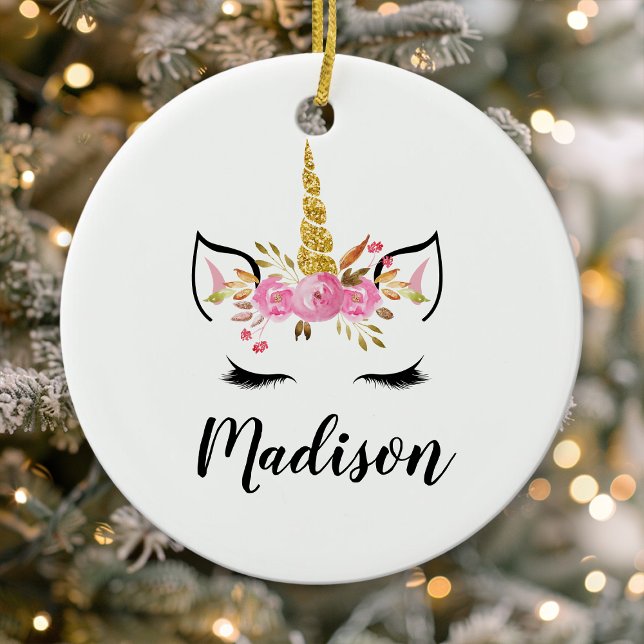 Unicorn Face With Eyelashes Personalised Name Ceramic Tree Decoration (Creator Uploaded)