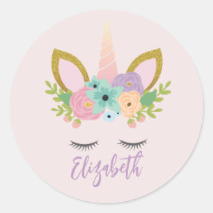 Unicorn Face With Eyelashes Personalised Name Classic Round Sticker