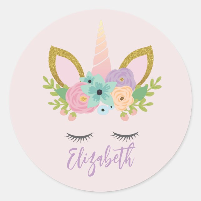 Unicorn Face With Eyelashes Personalised Name Classic Round Sticker (Front)