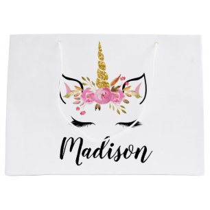 Unicorn Face With Eyelashes Personalised Name Large Gift Bag