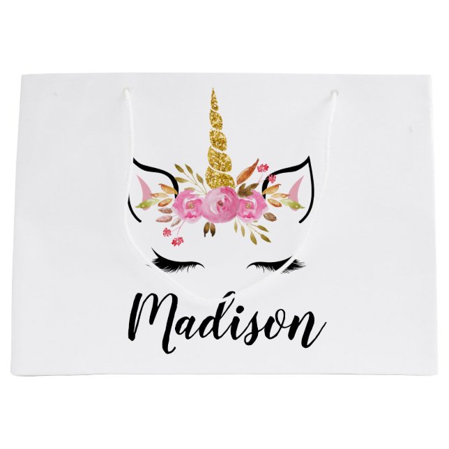 Unicorn Face With Eyelashes Personalised Name Large Gift Bag (Front)
