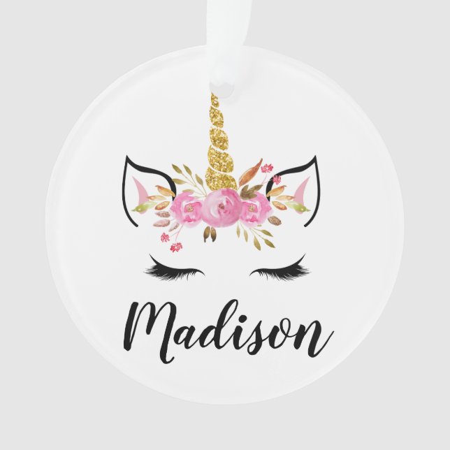 Unicorn Face With Eyelashes Personalised Name Ornament (Front)