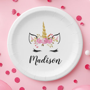 Unicorn Face With Eyelashes Personalised Name Paper Plate