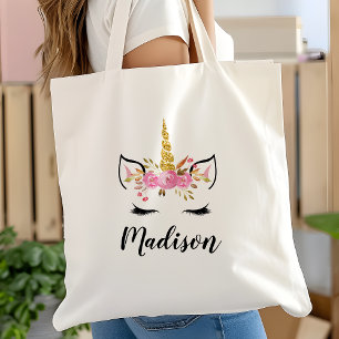 Unicorn Face With Eyelashes Personalised Name Tote Bag