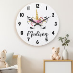 Unicorn Face With Eyelashes Personalized Name Large Clock<br><div class="desc">Unicorn Face With Eyelashes Personalized Name Large Clock. Personalize this custom design with your own name or text.</div>