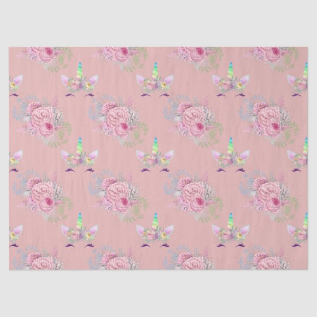 Unicorn Faces with Pink Flowers on Peach Tissue Paper (Front)