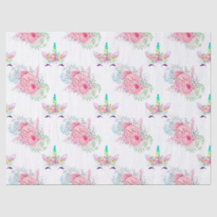 Unicorn Faces with Pink Flowers on White Decoupage Tissue Paper