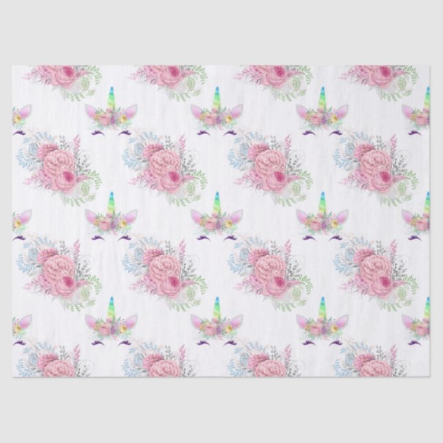 Unicorn Faces with Pink Flowers on White Decoupage Tissue Paper (Front)