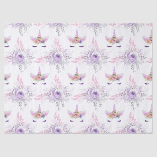 Unicorn Faces with Purple Flowers on White Tissue Paper (Front)