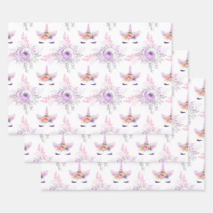 Unicorn Faces with Purple Flowers on White Wrapping Paper Sheet