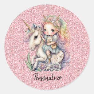 Unicorn Fairy Princess Pink Glitter Fantasy Girly Classic Round Sticker
