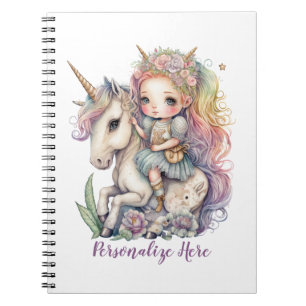 Unicorn Fairy Princess Rainbow Colours Personalise Notebook